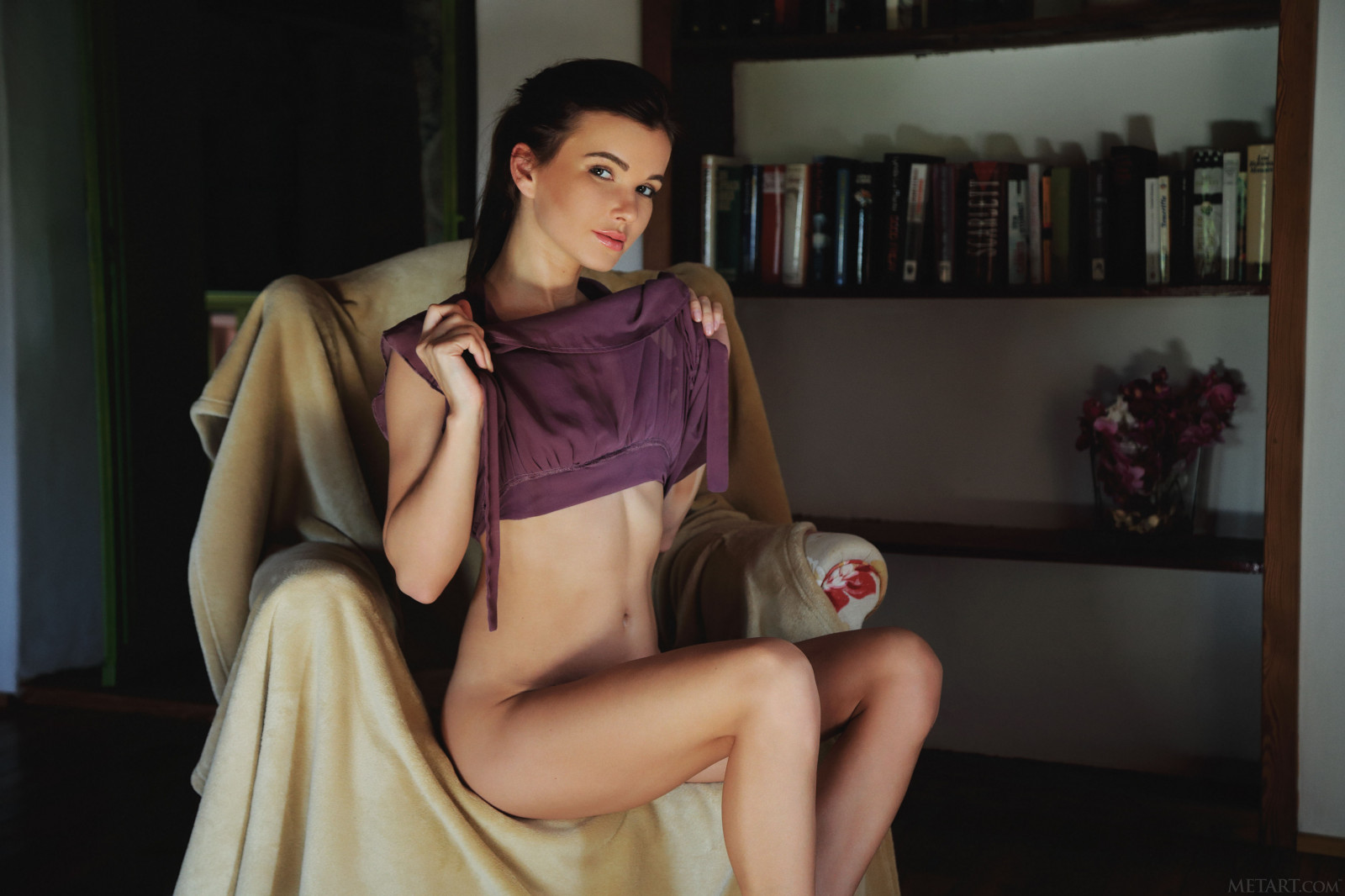 Wallpaper : women, brunette, long hair, living rooms, armchair, towel, book...