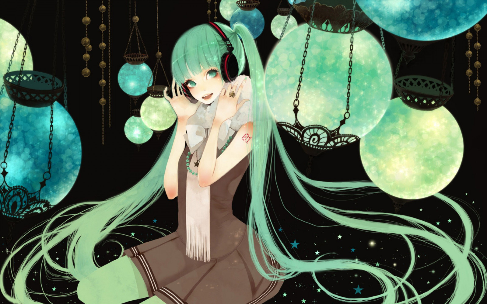 ilustrace, anime, anime dívky, zelená, kreslená pohádka, Vocaloid, Hatsune Miku, sluchátka, UMĚNÍ, Snímek obrazovky