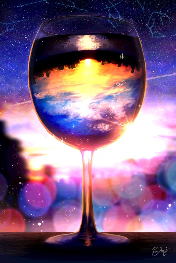 gradient,blurry background,wine glass,constellation,cityscape,sky
