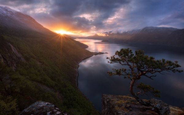 landscape, mountains, trees, sunset, sea, lake