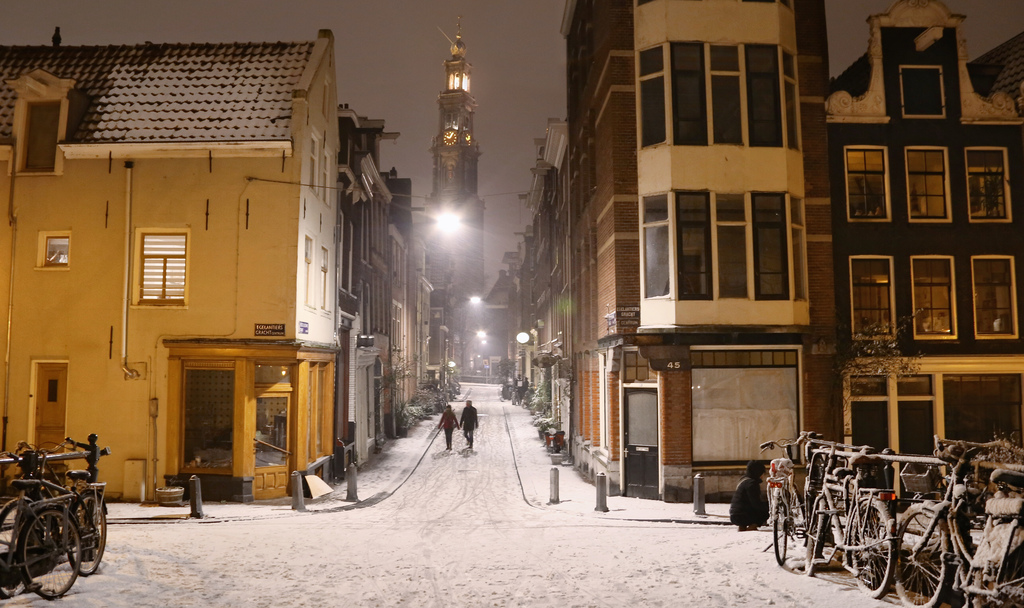 sne, vinter, by, byområde, by, kvarter, gade, gyde, bygning, facade, vindue, downtown, aften, hus, træ, nat, Fryser