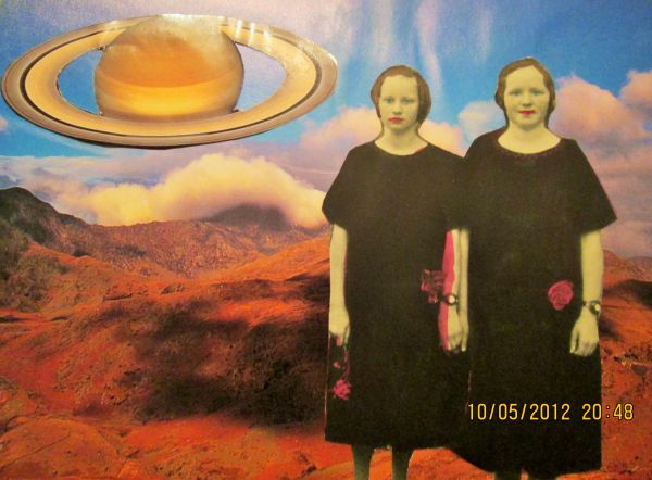 landscape, planet, painting, mountains, women, collage
