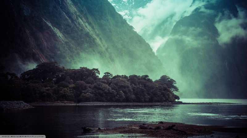 landscape, lake, water, trees, waterfall, sea