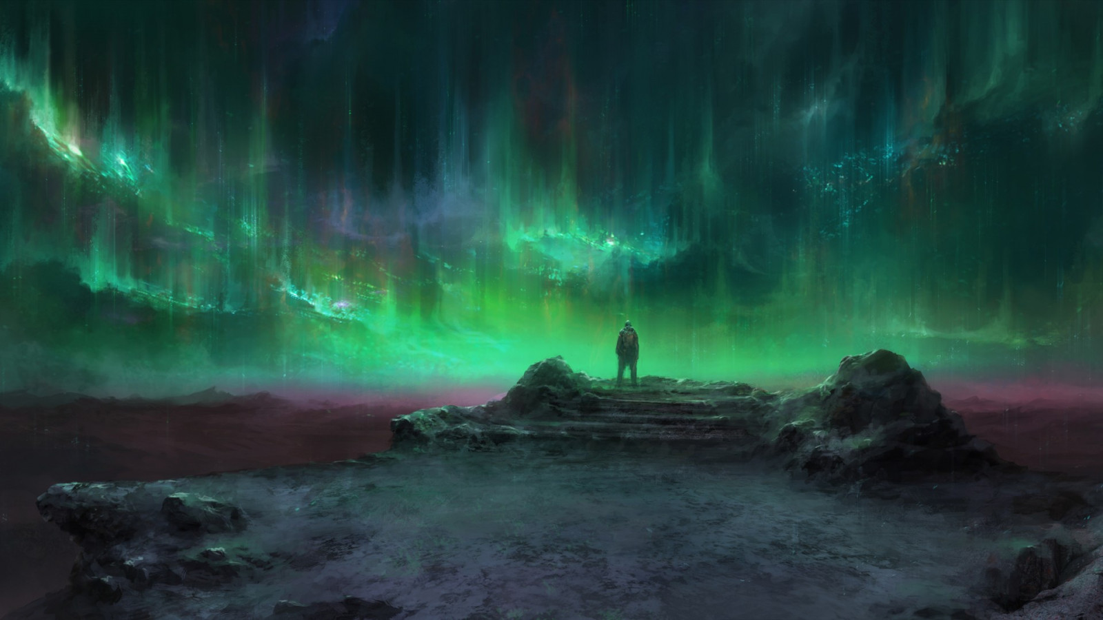 Wallpaper : landscape, fantasy art, green, aurorae, atmosphere, Aurora ...