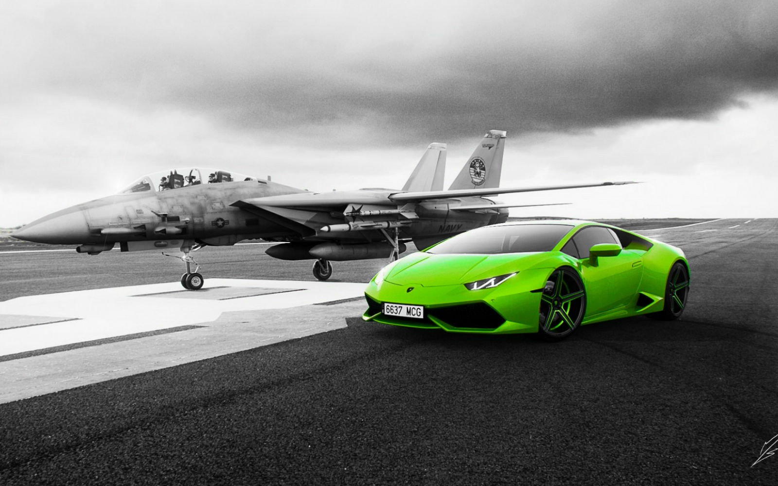 1600x1000 px, zelená auta, Grumman F 14 Tomcat, Lamborghini Huracan