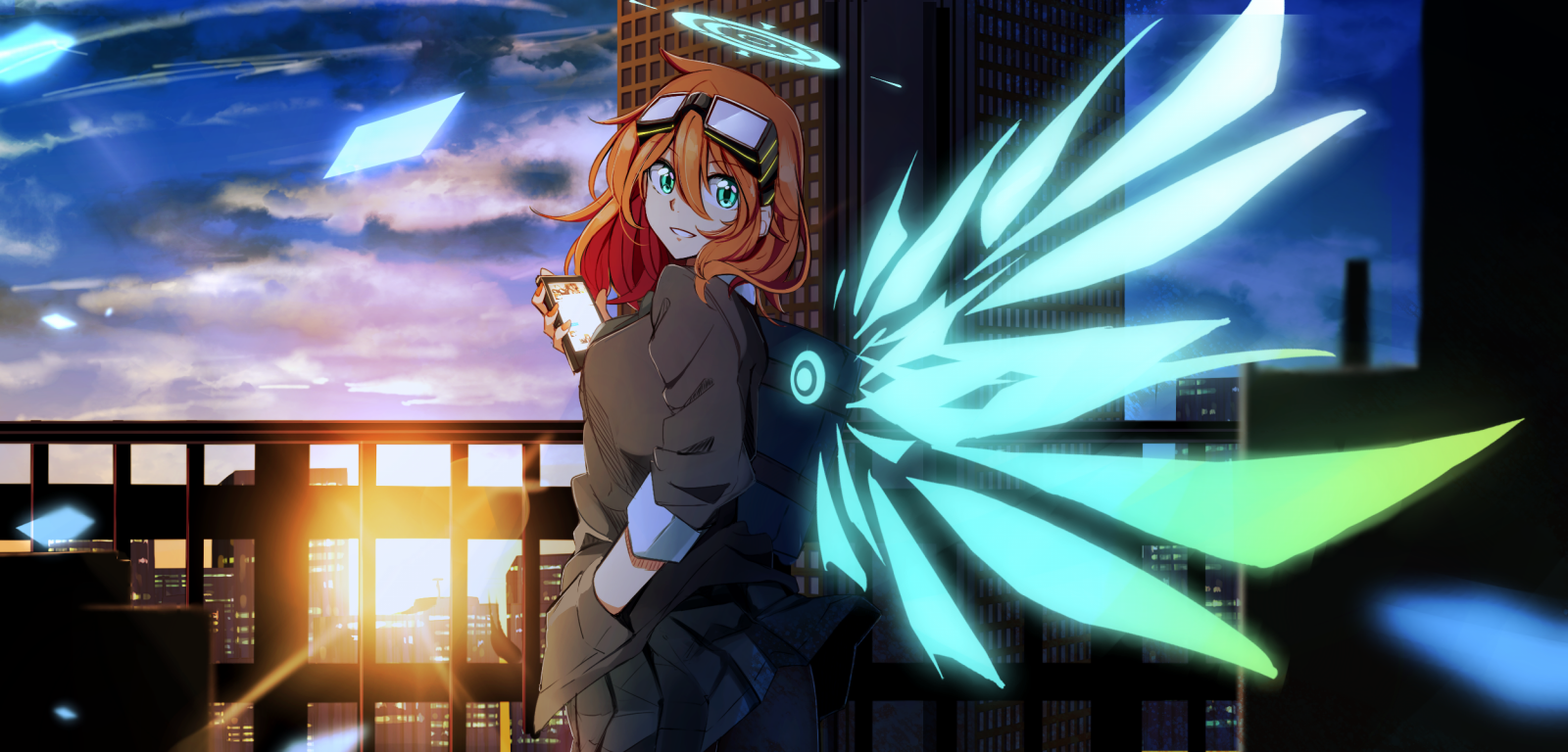 หัวแดง, พระอาทิตย์ตก, เมือง, ผมยาว, อะนิเมะ, สาวอะนิเมะ, ดวงตาสีฟ้า, ปีก, กระโปรง, มาร์ทโฟน, ภาพหน้าจอ, วอลล์เปเปอร์คอมพิวเตอร์