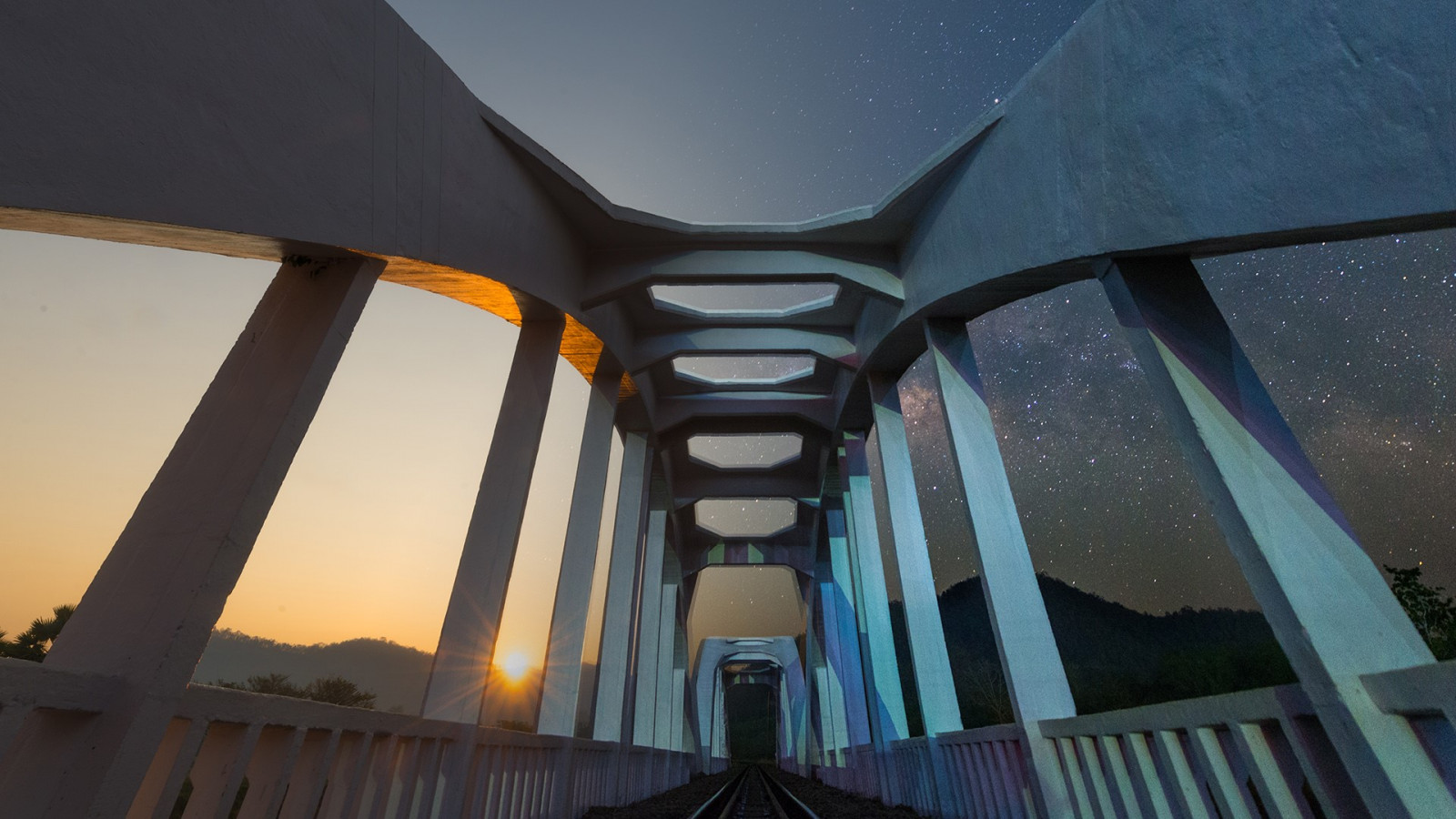 다리, 밤, 해돋이, 태양, 별, 철도, 산들, 맑은 하늘, 태국, 아시아 건축