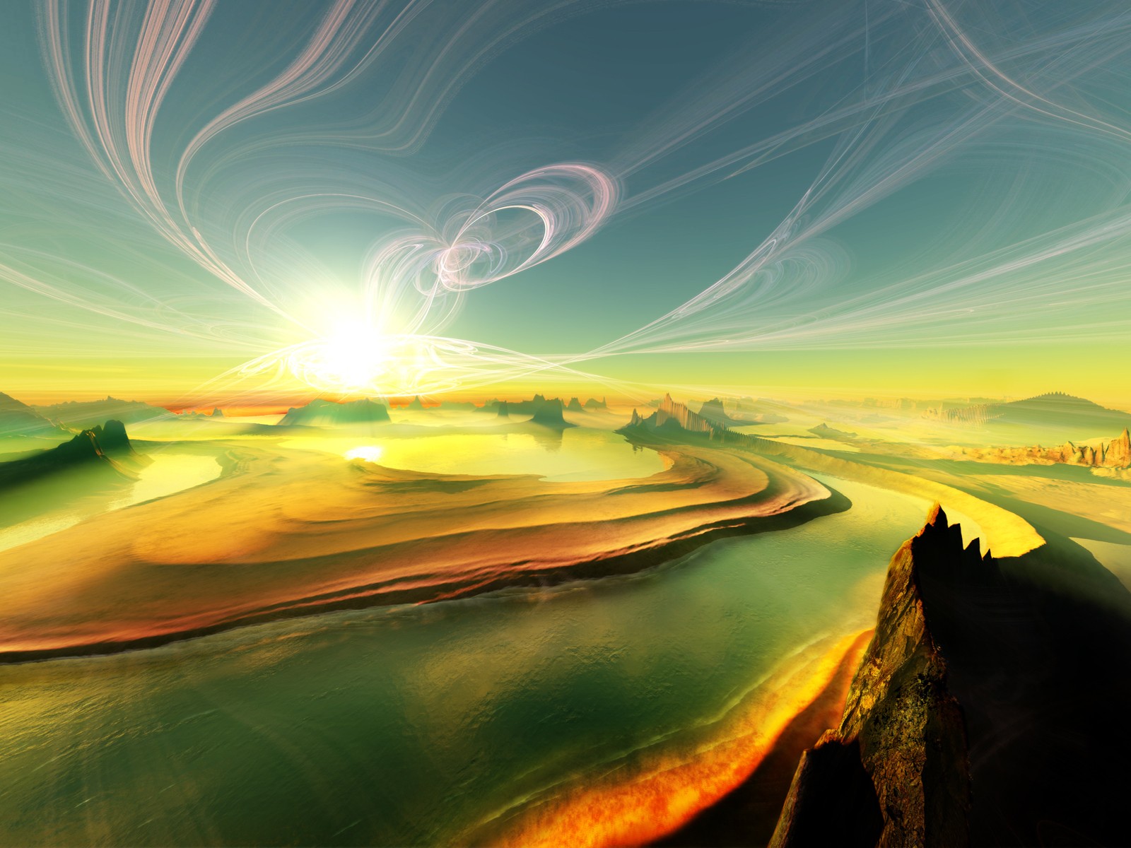 sollys, landskab, Digital kunst, solnedgang, afspejling, himmel, solopgang, aften, morgen, horisont, atmosfære, skumring, lys, Sky, daggry, græsarealer, bølge, almindeligt, skærmbillede, atmosfærisk fænomen, computer tapet