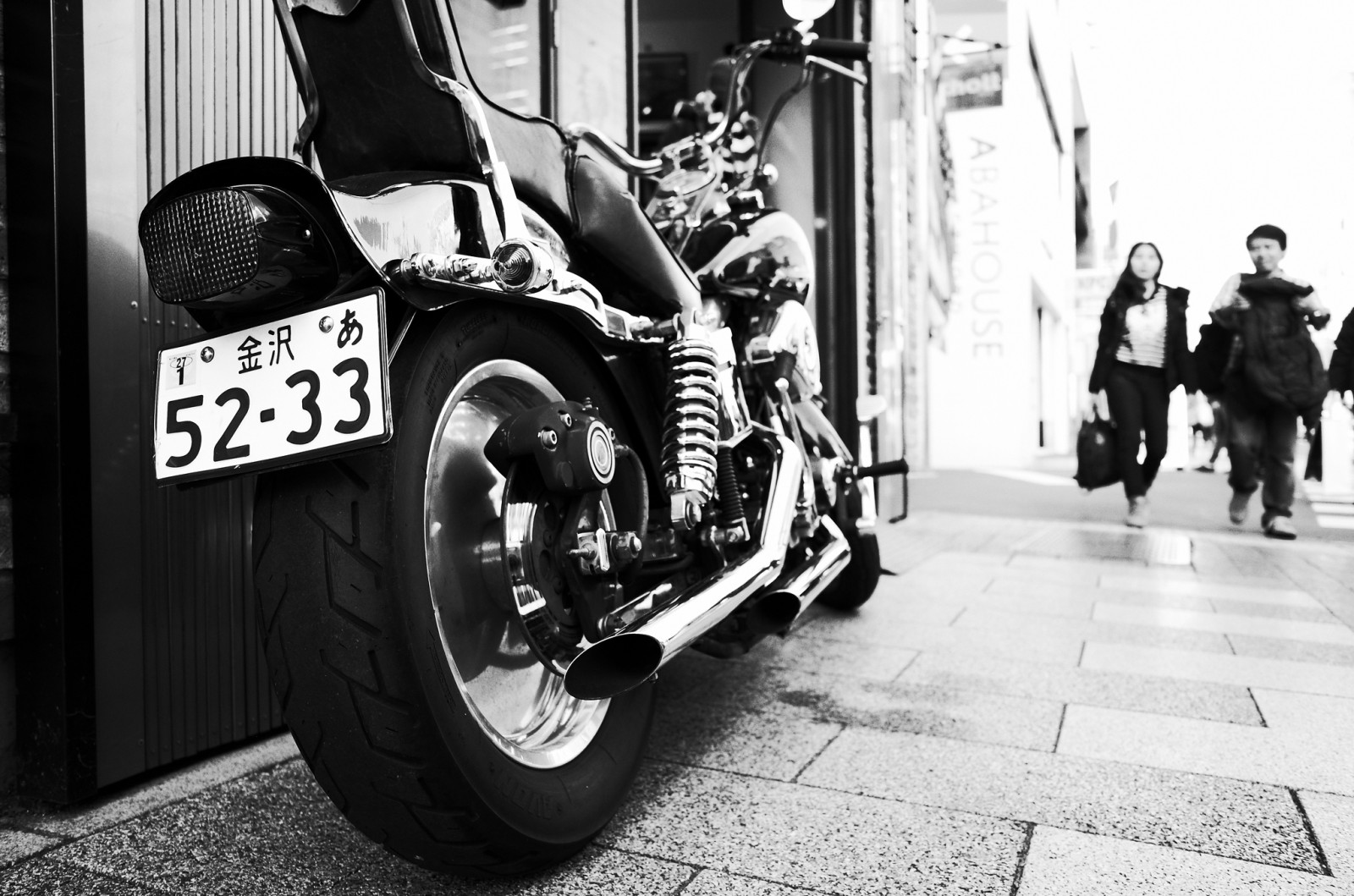 město, městský, tělesné, detail, černobílý, kolo, Japonsko, Tokio, Černá bílá, Shibuya, kostrbatý, motorka, americký, harleydavidson, Harajuku, motocykl, zrnitý, Zvyk, ricohgr, fragment, meijidori, highcontrastbw, shibuyaku