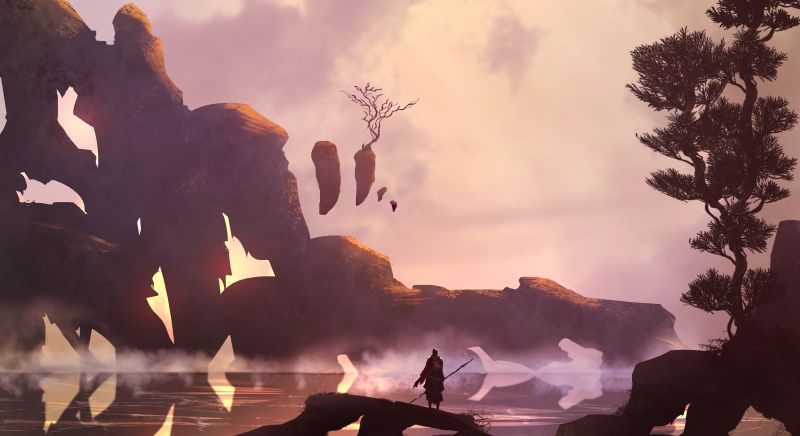 krajina, digitální umění, odraz, silueta, večer, ráno