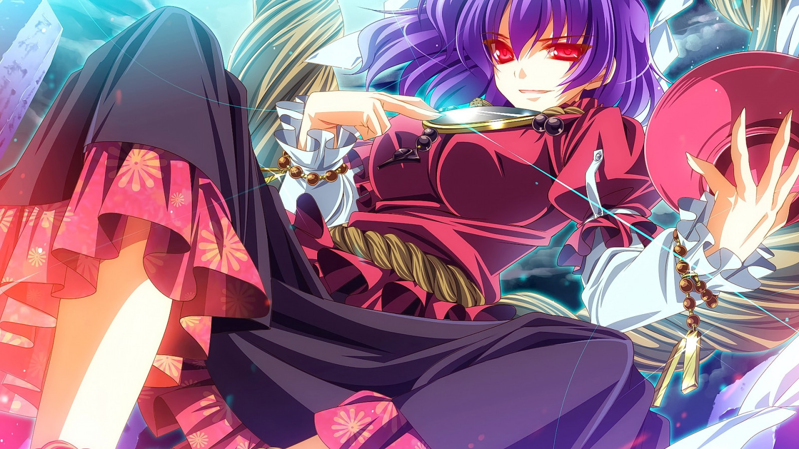 illustrazione, capelli lunghi, anime, anime girls, guardando spettatore, opera d'arte, Touhou, sorridente, occhi rossi, Yasaka Kanako, immagine dello schermo, mangaka, fumetto