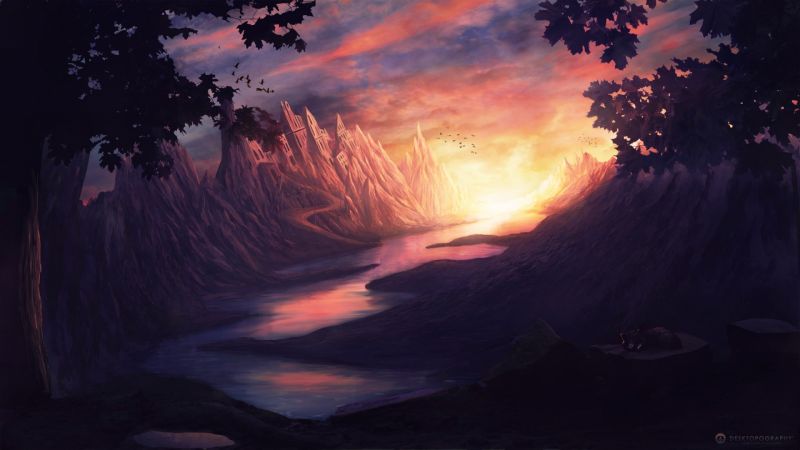 luce del sole, arte digitale, tramonto, notte, paesaggio, Fantasy art
