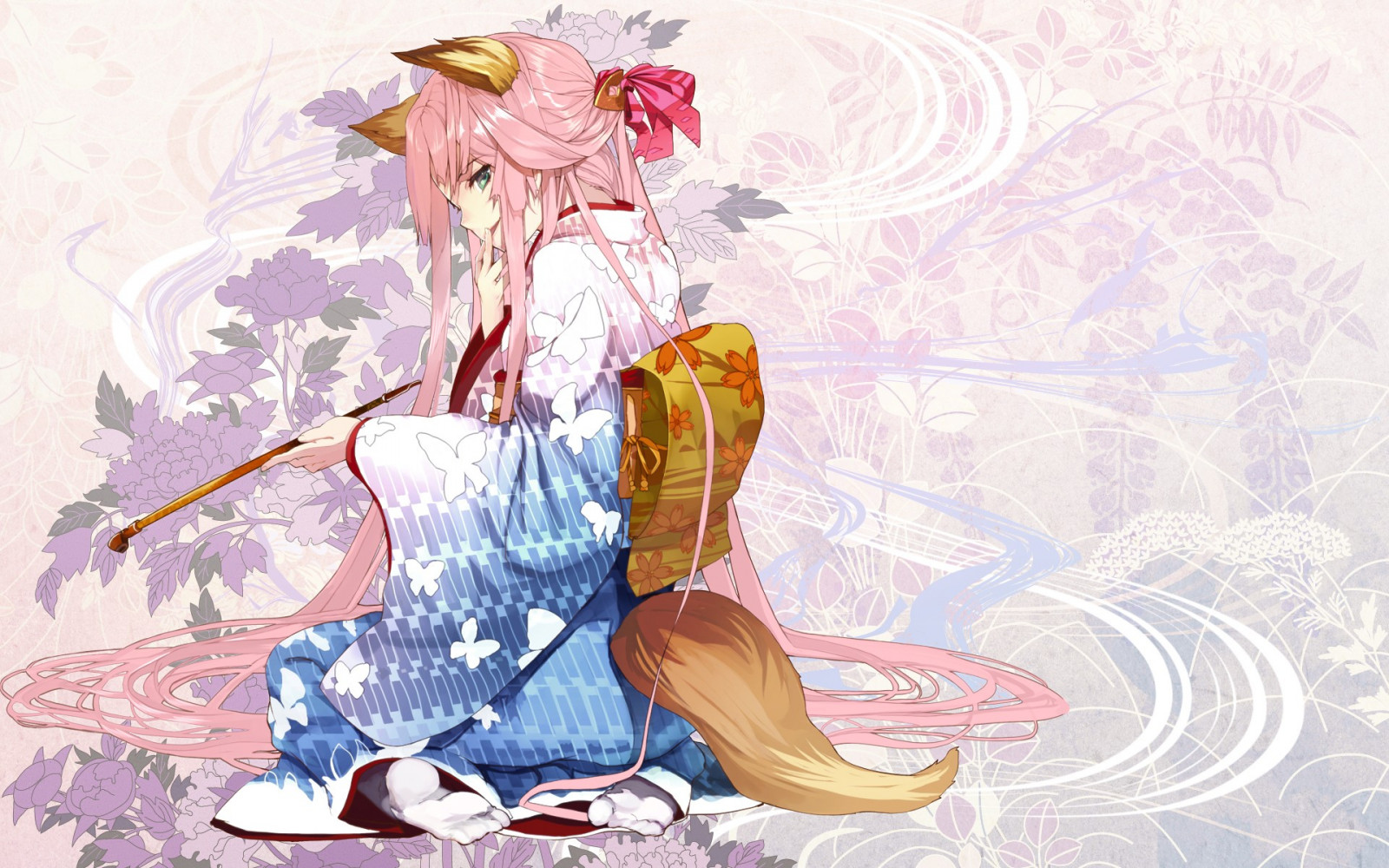 výkres, ilustrace, anime, anime dívky, fox dívka, Kitsunemimi, Původní znaky, kimono, květ, skica, kostýmy