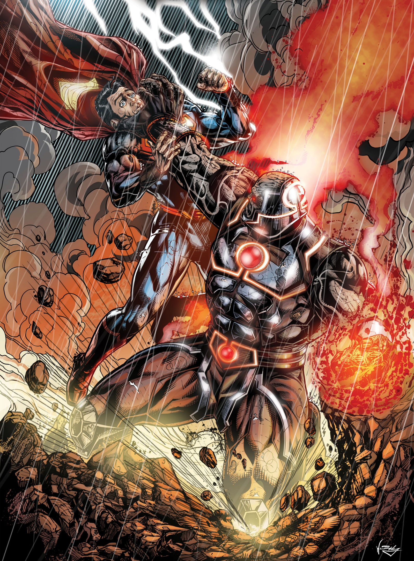 rosso, fumo, Darkseid, Dio, Superuomo, mantellina, red belt, blu, oro, Omega, detriti, broken ground, nero, buio, fumetti polizieschi, pioggia, fuoco, black smoke, grey smoke, armatura, Magia, Omega Effect, fulmine, pugno, guanti, red cape, capelli neri, occhi rossi