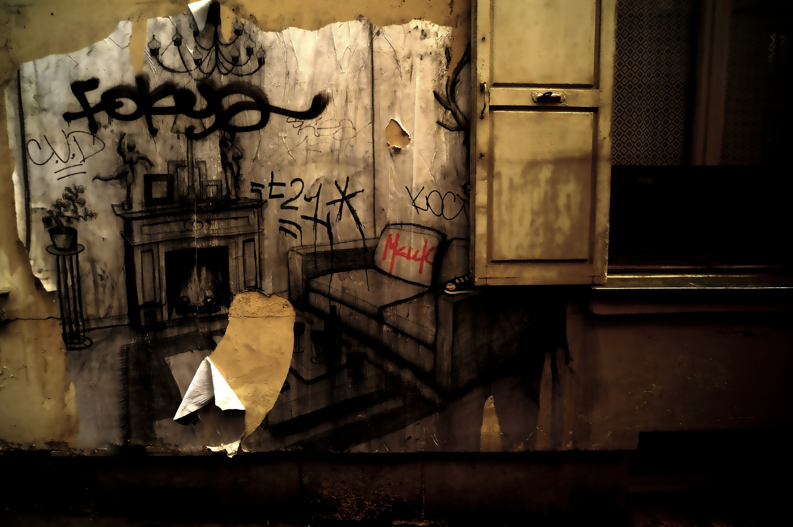 vindue, mørk, nat, collage, væg, struktur, Nikon, Paris, Rå, KUNST, gadekunst, mørke, mur, D700, fenetre, volet, dyster, 75018