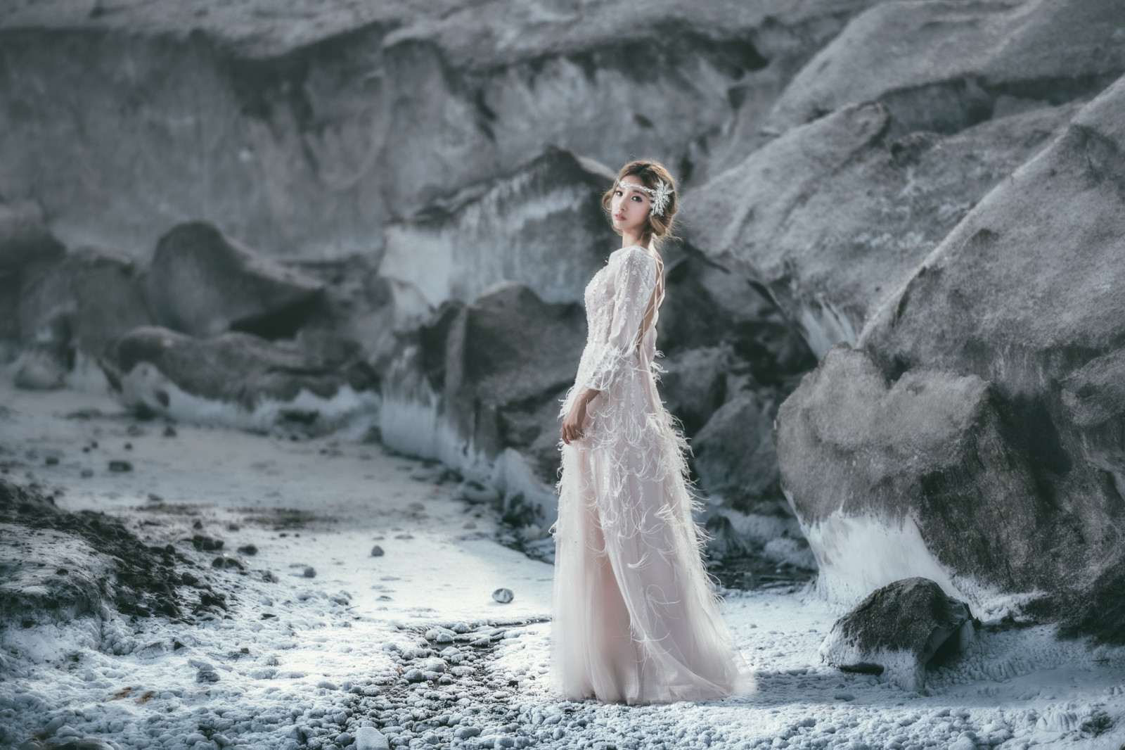 Kvinder udendørs, Kvinder, model, klippe, asiatisk, sne, vinter, is, vejr, sæson