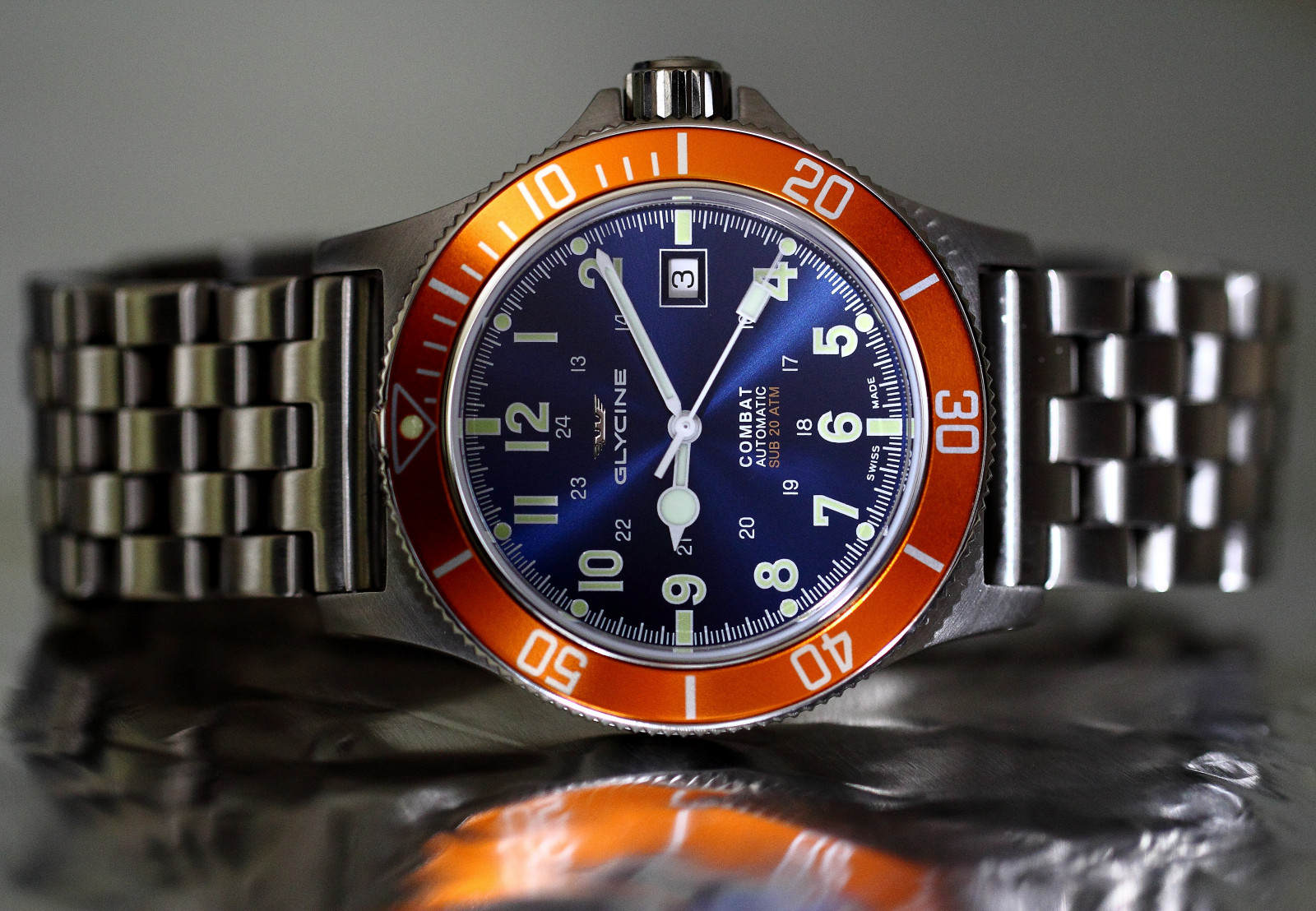 Kánon, eos, 60d, náramkové hodinky, hodinky, čas, glycin, boj, SUB, švýcarský, vyrobený, potápět, potápěč, sunburst, modrý, oranžový, odraz, uvnitř, indoorwinterblues, automatický, hodinky