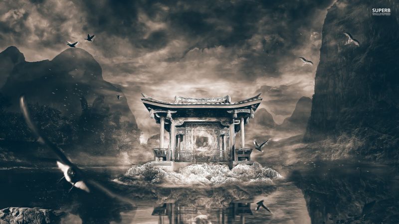 paysage, Montagnes, Monochrome, Lac, nuit, Chine paysage, Montagnes, Monochrome, Lac, nuit, Chine