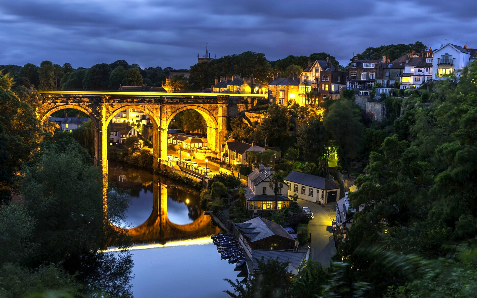 Stadtbild, Nacht-, städtisch, Betrachtung, Tourismus, England, Abend, Brücke, Fluss, Stadt, Dämmerung, Knaresborough, Wahrzeichen