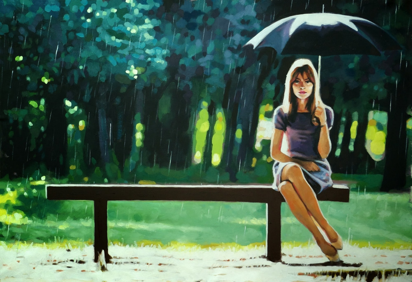 Malerei, Frau, Regen, Kunstwerk, Regenschirm, Grün, Bank, Farbe, Schönheit, Jahreszeit, Freizeit, Schnappschuss, Fotoshooting