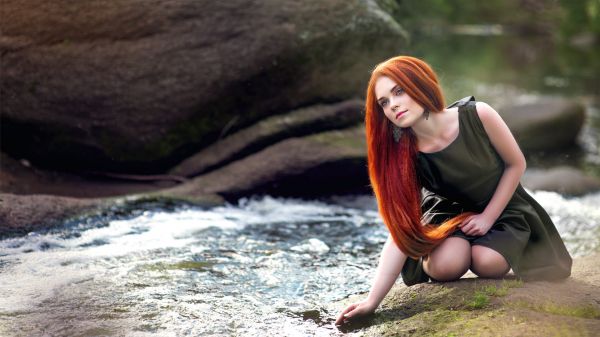 women,redhead,women outdoors,stream,long hair,blue eyes