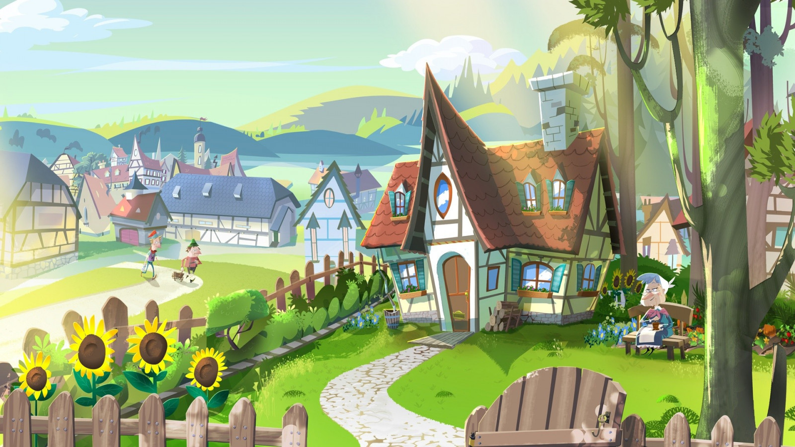 slunečnímu záření, stromy, výkres, ilustrace, digitální umění, město, park, mraky, Dům, kopce, vesnice, staří lidé, letovisko, hřiště, plot, slunečnice, pohádka, cesta, nástěnná malba, hrát si, volný čas, Snímek obrazovky, zábavní park, vodní park, venkovní hrací zařízení