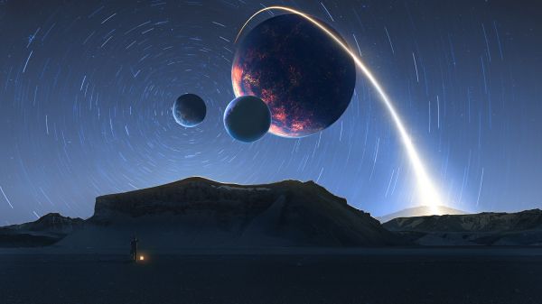 digital art,planet,rocket