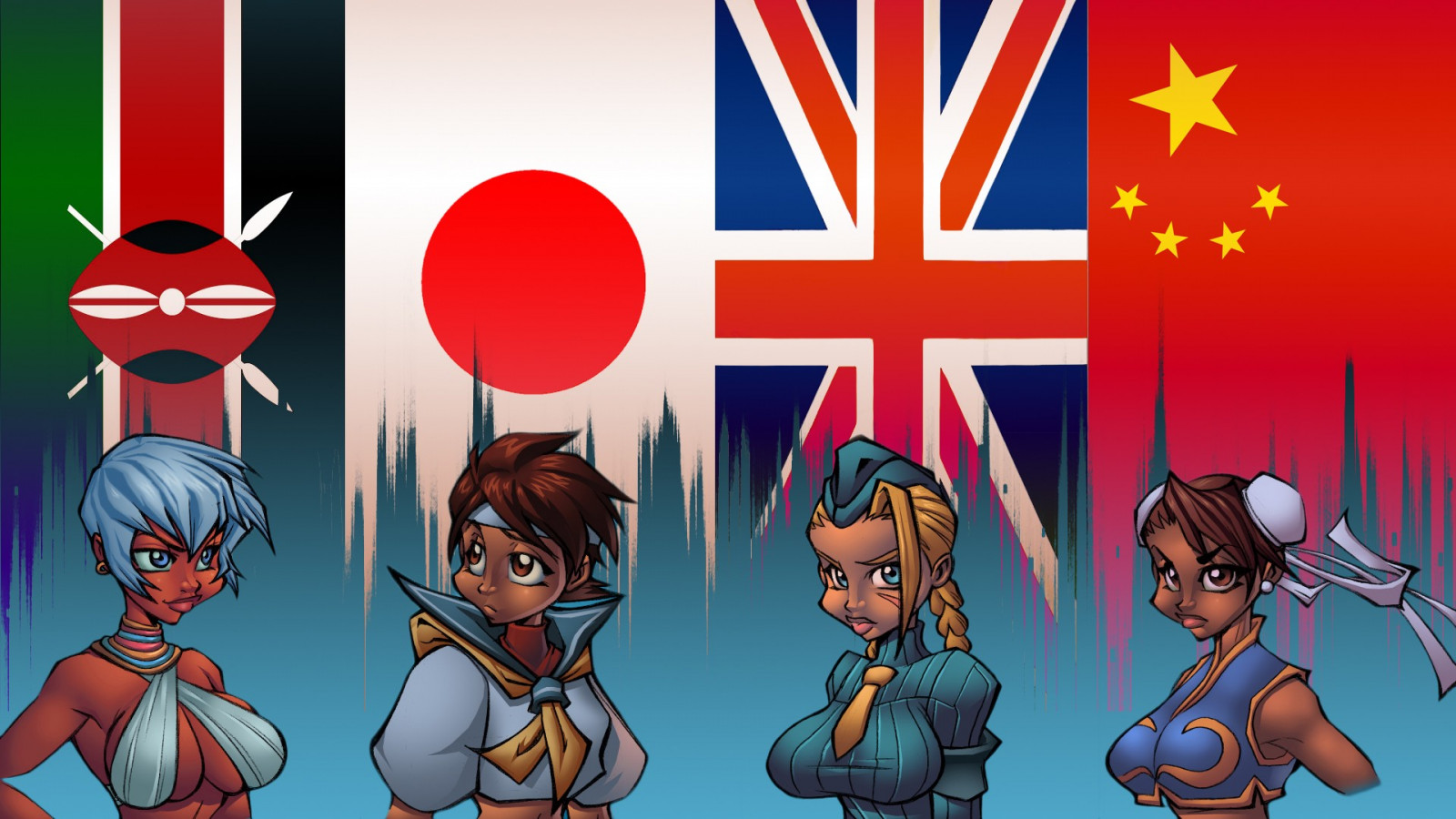 ilustrace, videohry, anime, kreslená pohádka, vlajka, pouliční rváč, komiks, Chun Li, Elena, Cammy, Snímek obrazovky, 1920x1080 px, komiks