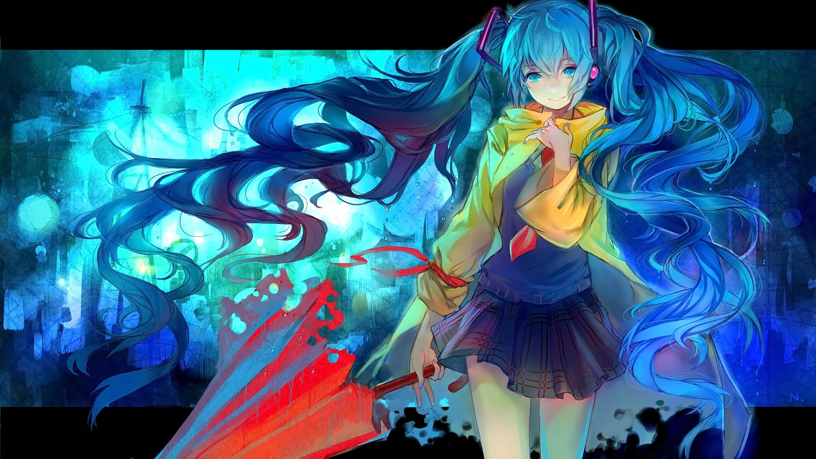 illustrazione, capelli lunghi, anime, anime girls, guardando spettatore, ombrello, sorridente, Vocaloid, Hatsune Miku, occhi Aqua, Aqua capelli