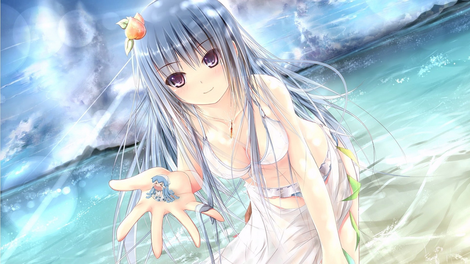 anime, anime dívky, Touhou, Shinryaku Ika Musume, Hinanawi Tenshi, Ikamusume, počítač tapeta, fiktivní postava