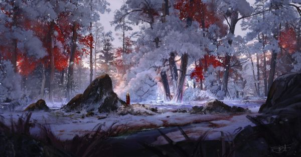 Max Suleimanov,digital art,landscape,winter,snow,river