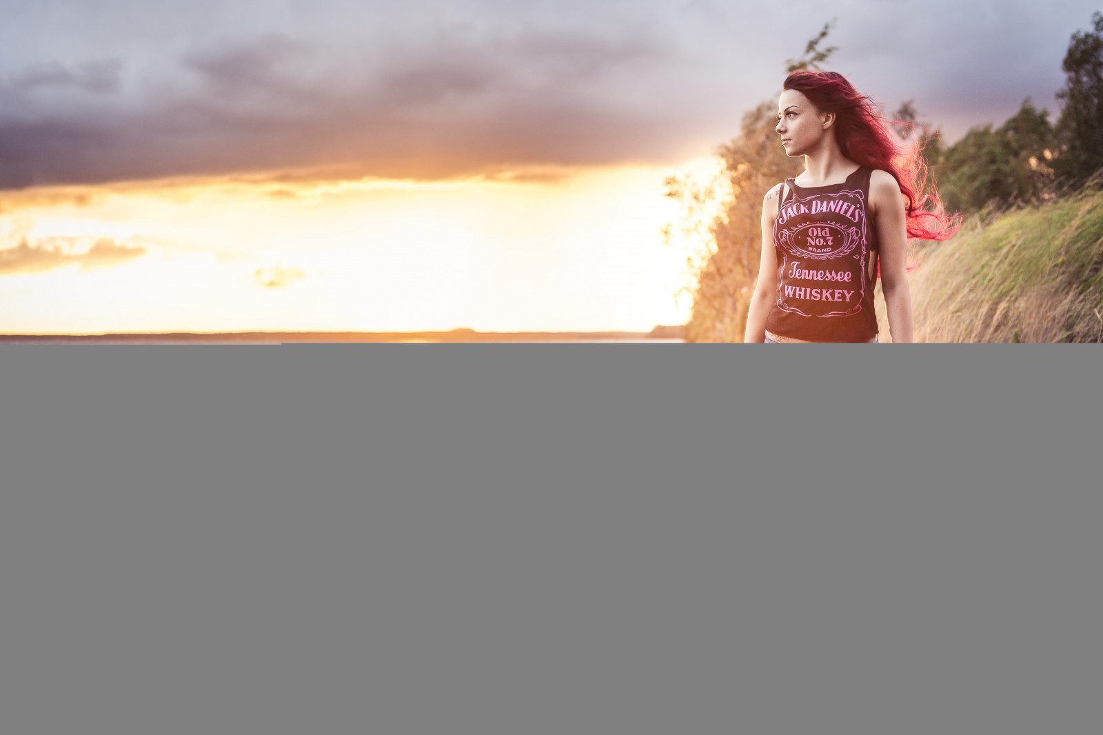 ryšavý, západ slunce, jezero, voda, pobřeží, kameny, vlasy, Finsko, dívka, žena, ženský, sara, obraz, finský