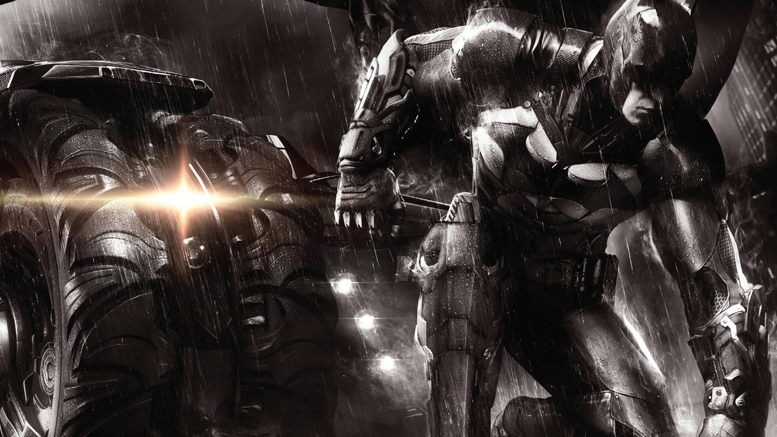 videohry, černobílý, Batman Arkham Knight, Bat-man, Batmobile, mytologie, Rocksteady Studios, Gotham City, tma, Snímek obrazovky, Černý a bílý, monochromatické fotografování, fiktivní postava