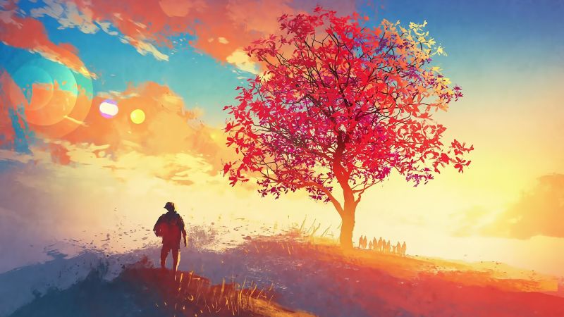 sunlight, trees, painting, sunset, fall, people sunlight, trees, painting, sunset, fall, people