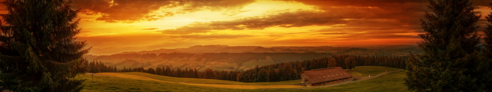 lumina soarelui, copaci, apus de soare, cer, drum, casă, răsărit, verde, dealuri, seară, dimineaţă, bancă, panoramă, colibă, gard, aur, toamnă, zori de zi, simplu, captură de ecran, habitat, mediul natural, fenomen atmosferic, tapet de calculator, savană