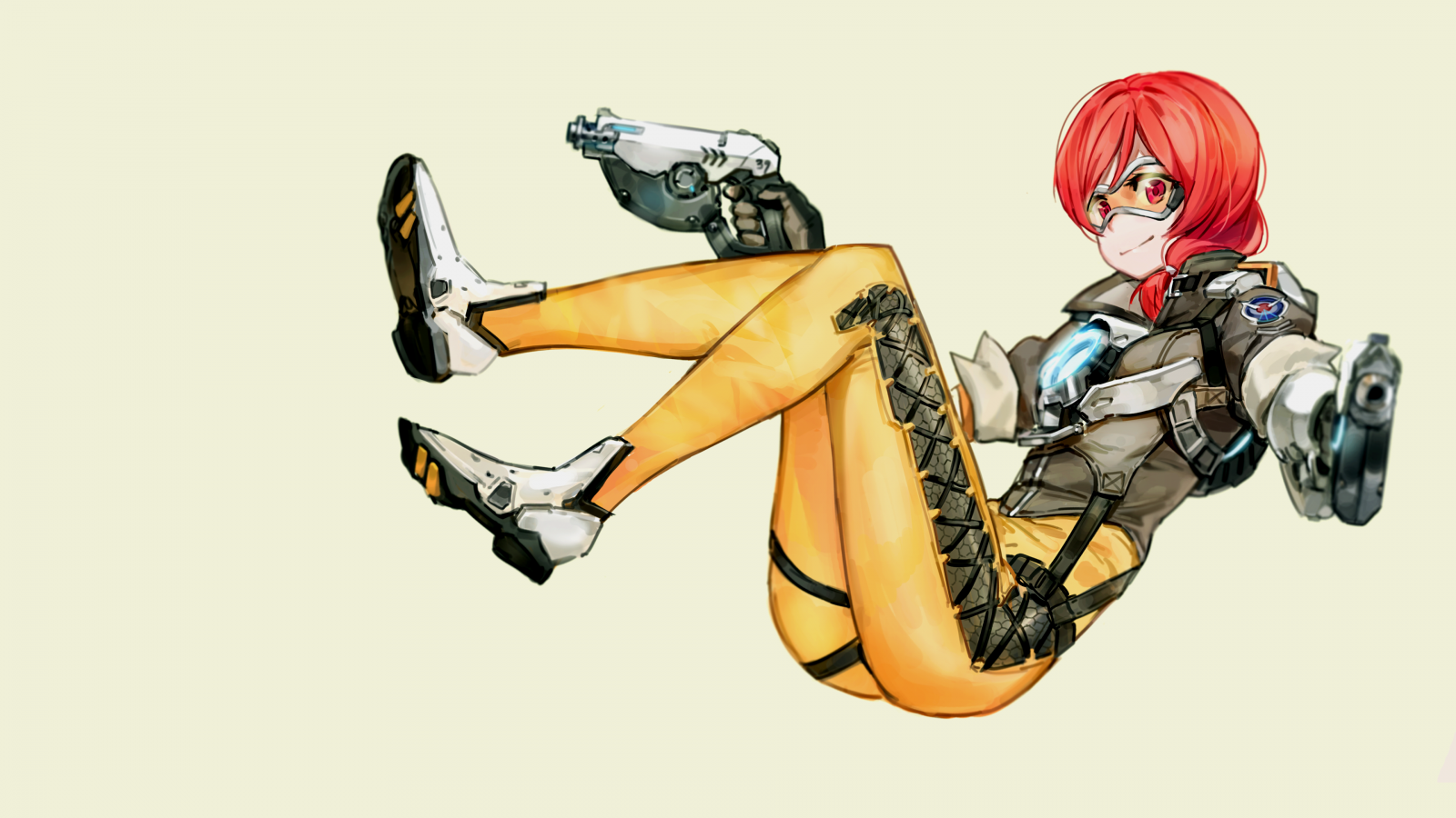 disegno, illustrazione, pistola, testa Rossa, sfondo semplice, anime, maschera, Ama vivi, cartone animato, giacca, Overwatch, Tracer Overwatch, body, Nishikino Maki, macchina, i fumetti, sfondo giallo, sorriso affettato, schizzo, mecha