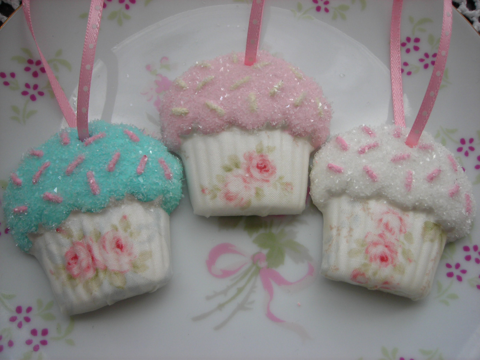 jul, lyserød, roser, cupcake, ornamenter, faux, lurvet