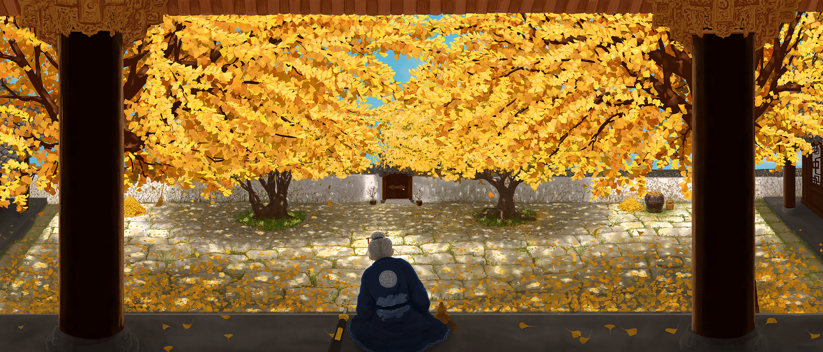 Kina, kinesisk arkitektur, gamle mennesker, gård, Solrig, kunstværk