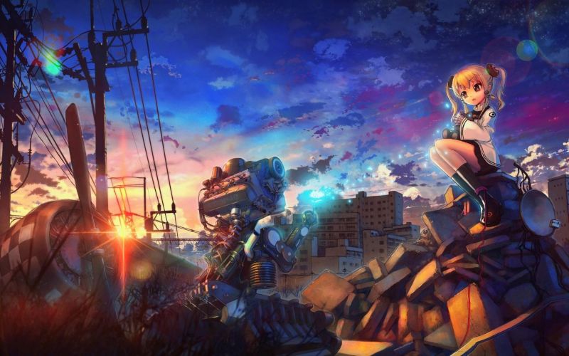 le coucher du soleil, Filles anime, Anime, des nuages, reflet, mythologie