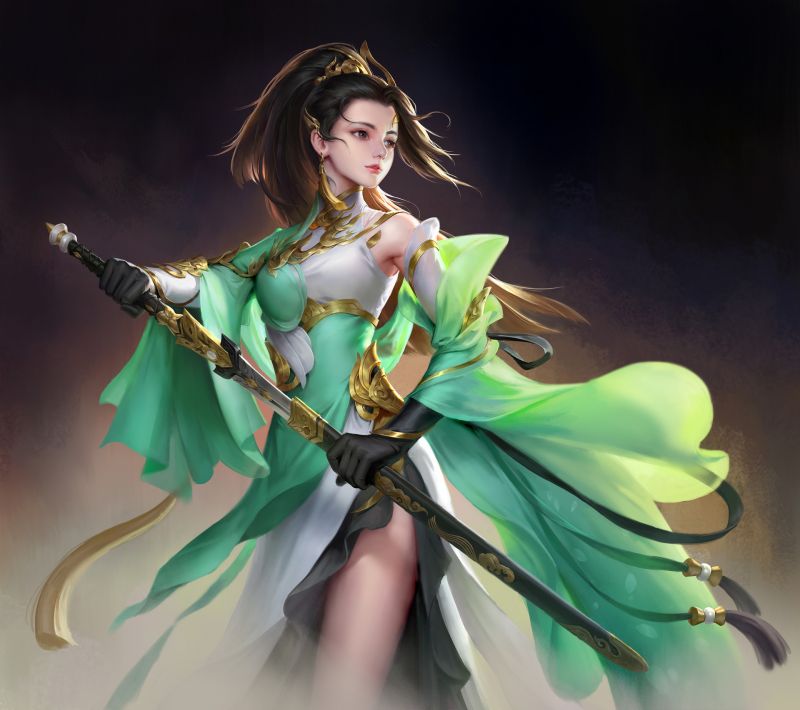 fantasy dívky, ArtStation, fantasy umění, meč, jednoduché pozadí, tmavé vlasy fantasy dívky, ArtStation, fantasy umění, meč, jednoduché pozadí, tmavé vlasy