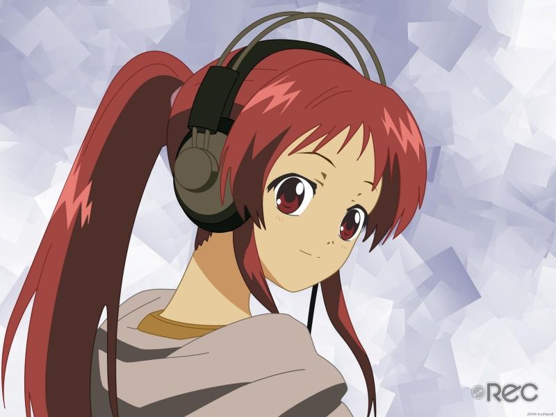ilustrace, anime, kreslená pohádka, černé vlasy, sluchátka, červené oči ilustrace, anime, kreslená pohádka, černé vlasy, sluchátka, červené oči