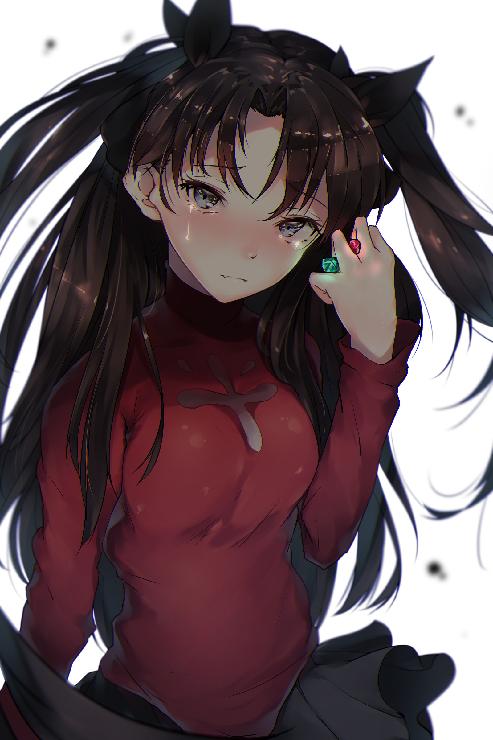 ilustrace, anime, anime dívky, bílé pozadí, kreslená pohádka, černé vlasy, svetr, slzy, Fate Stay Night, Tohsaka Rin, mangaka