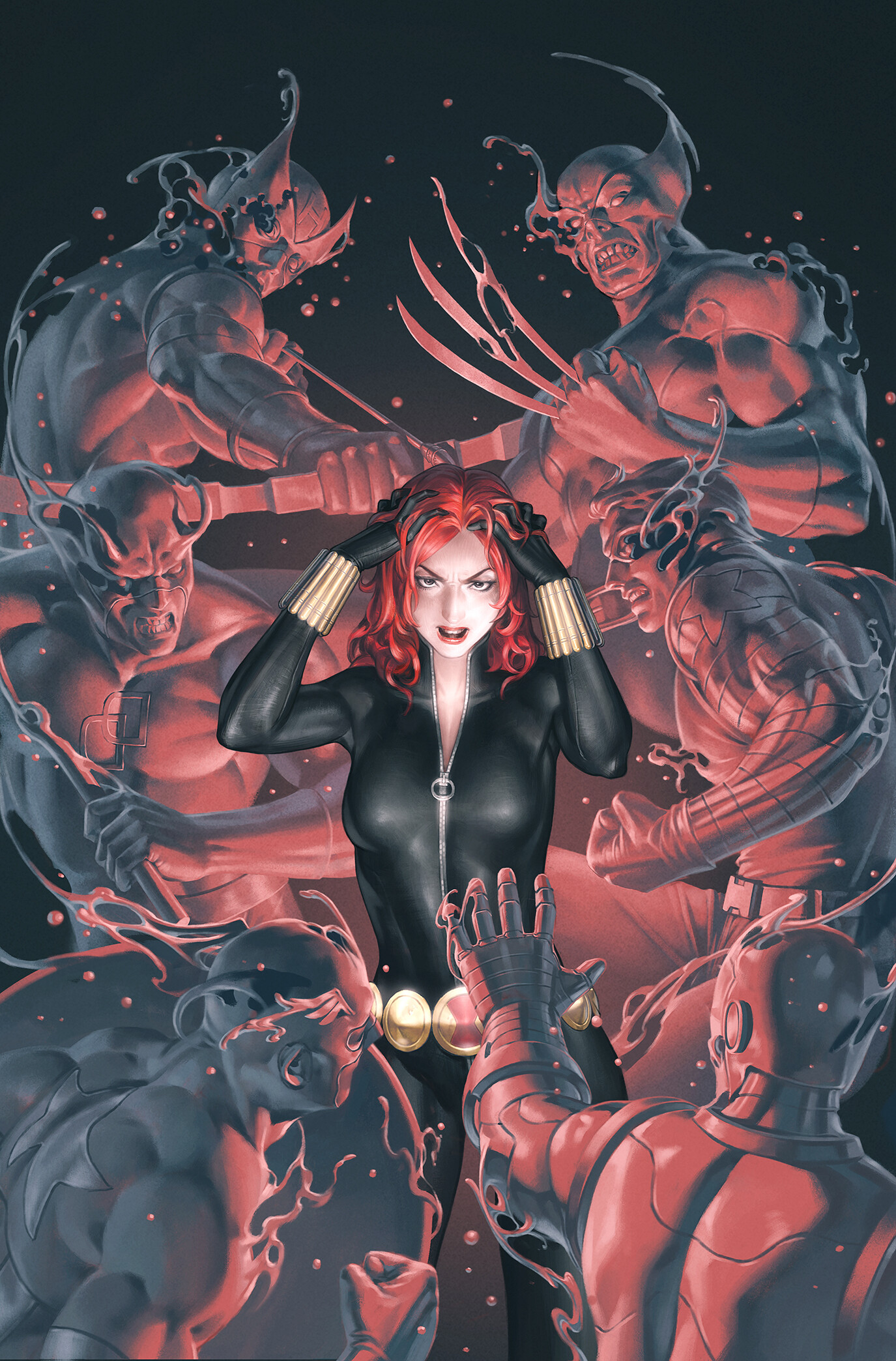 Junggeun Yoon, women, Marvel Comics, costumes, Captain America, Daredevil, Wolverine, Iron Man, Black Widow, redhead, long hair