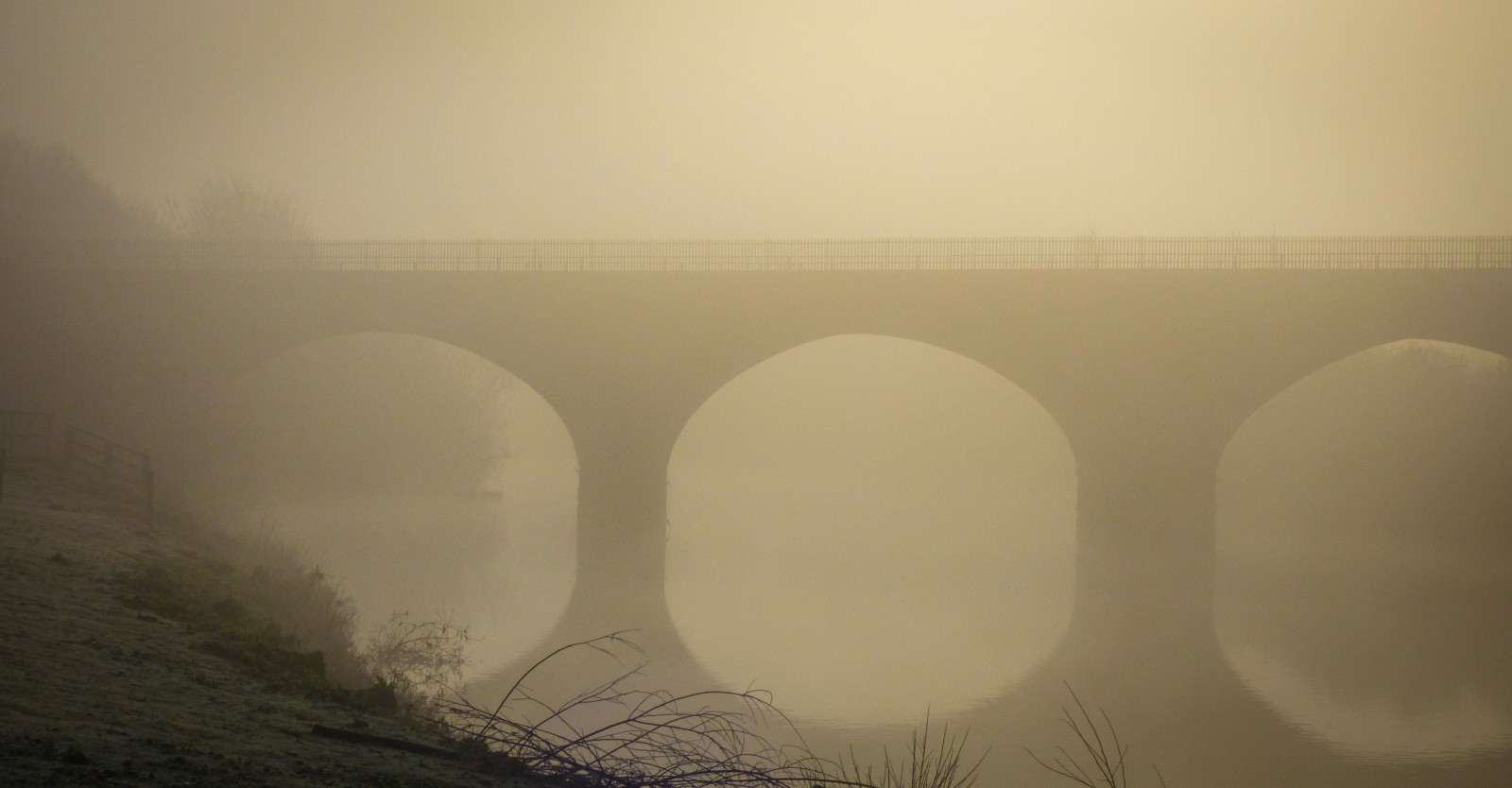 svítání, rivercalder, most, fost, mlha, odraz, fairburnings, ráno, řeka, Příroda