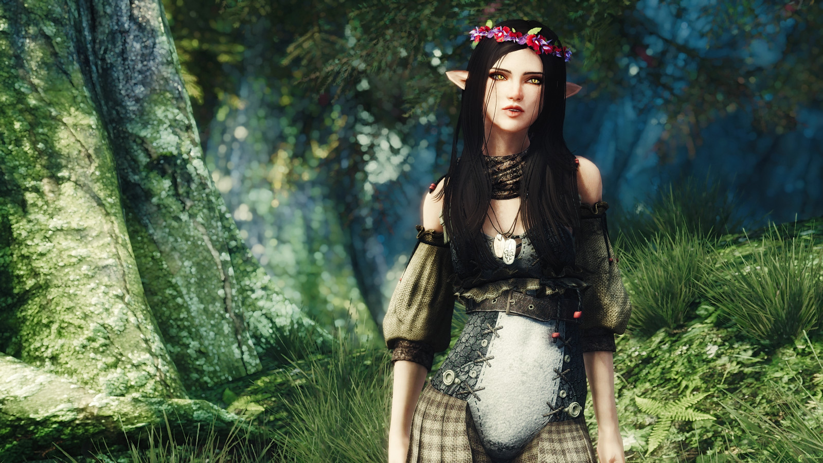 les, dlouhé vlasy, Příroda, tráva, černé vlasy, džungle, ENB, strom, rostlina, dívka, krása, dáma, videohry, zálesí, Skyrim, dřevina, screenshoty, modding, pcgaming, hledík, tetrodoxin, staré svitky, mods, snapdragonenb, elderscrollsv