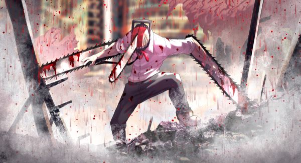 Chainsaw Man, Denji Chainsaw Man, chainsaws, blood, blood covered body, ruins