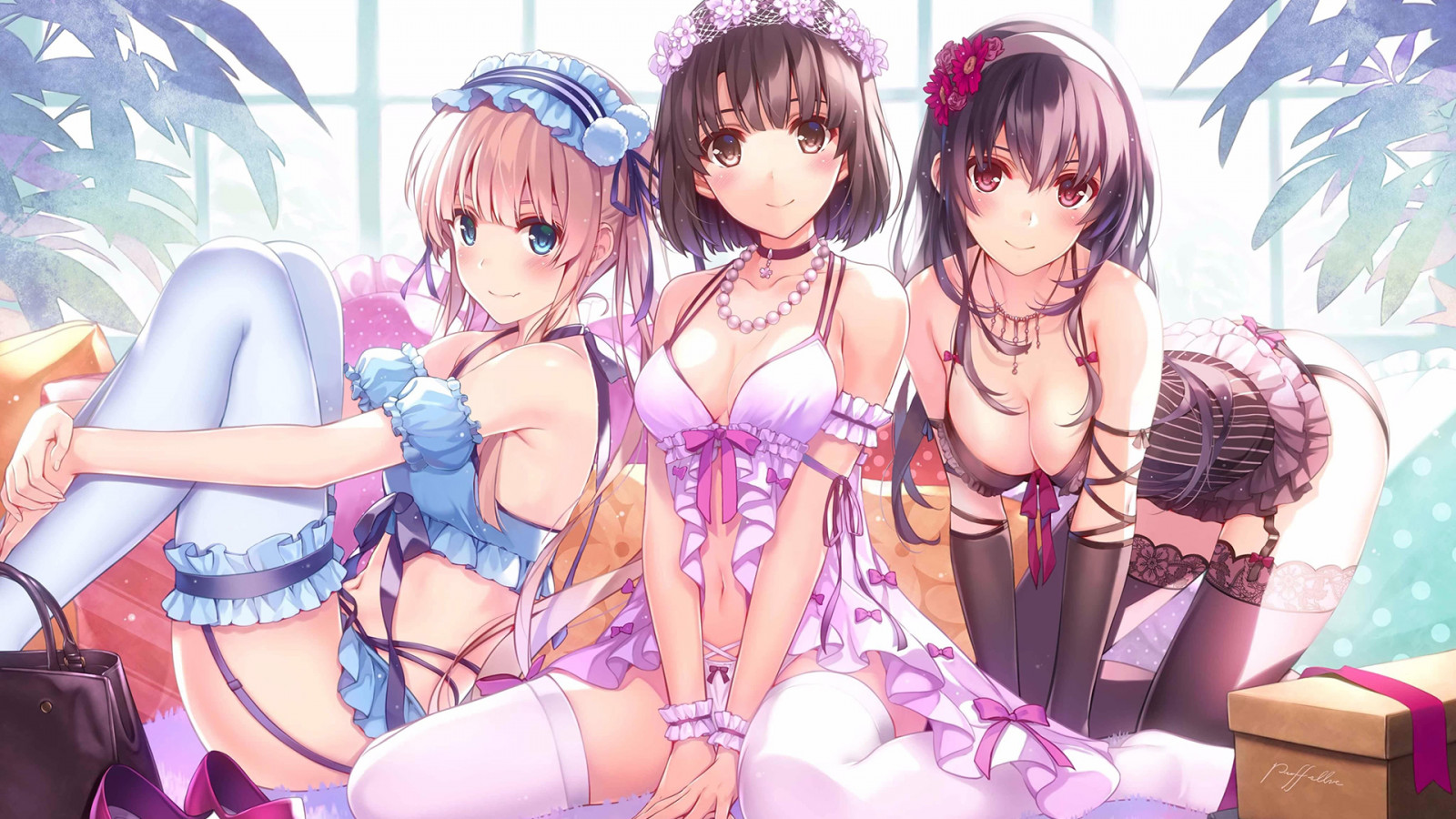 anime dívky, modré podprsenky, červené podprsenky, punčochy