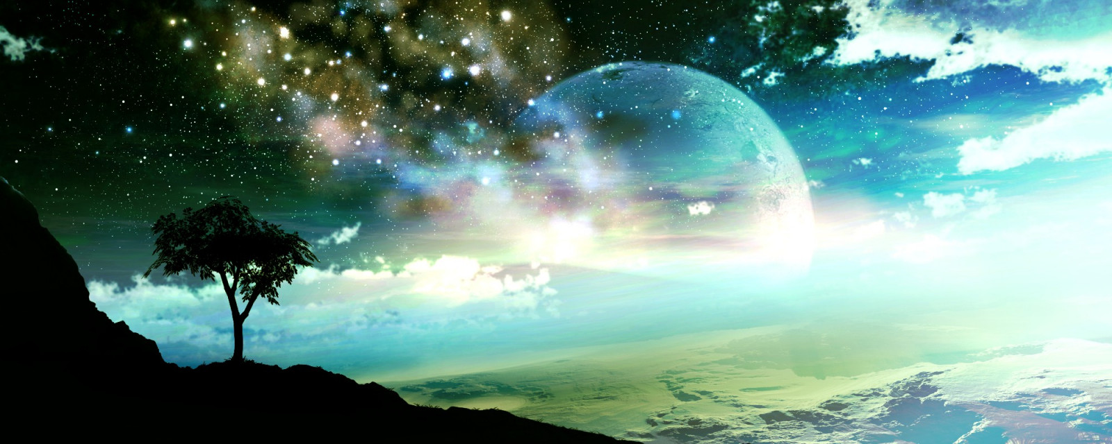 slnečnému žiareniu, stromy, planéta, priestor, neba, hviezdy, Krajina, atmosféra, vesmír, screenshot, počítač tapeta, atmosféra Zeme, vonkajší priestor, astronomický objekt