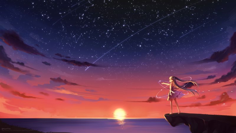 noc, dlouhé vlasy, anime, anime dívky, západ slunce, moře noc, dlouhé vlasy, anime, anime dívky, západ slunce, moře