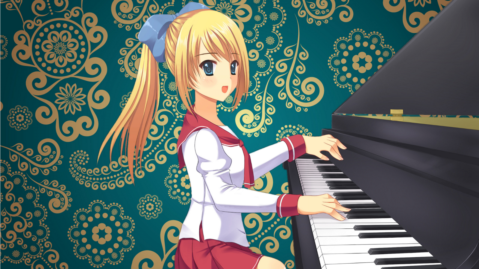 Anime Mädchen, Anime, blond, Klavier, Schuluniform